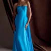 Rosella Satin Strapless Maxi Dress – Cyan Blue Rosella Satin Strapless Maxi Dress – Cyan Blue