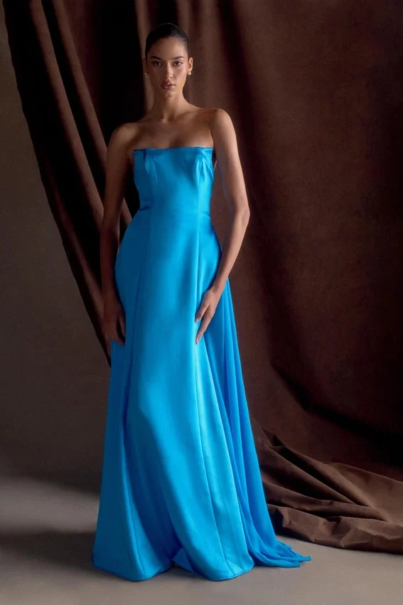 Rosella Satin Strapless Maxi Dress – Cyan Blue Rosella Satin Strapless Maxi Dress – Cyan Blue