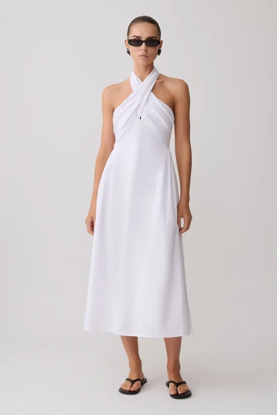 Rosie Linen Halter Midi Dress – White Rosie Linen Halter Midi Dress – White