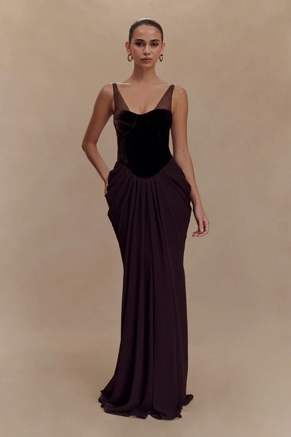 Roxanne Velvet Corset Maxi Dress – Cacao Brown Roxanne Velvet Corset Maxi Dress – Cacao Brown