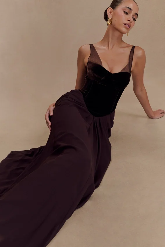 Roxanne Velvet Corset Maxi Dress – Cacao Brown Roxanne Velvet Corset Maxi Dress – Cacao Brown