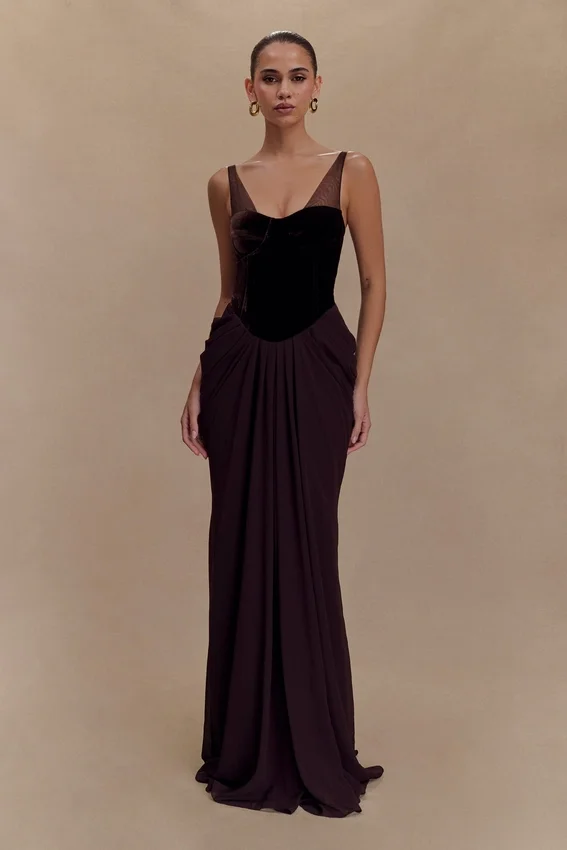 Roxanne Velvet Corset Maxi Dress – Cacao Brown Roxanne Velvet Corset Maxi Dress – Cacao Brown