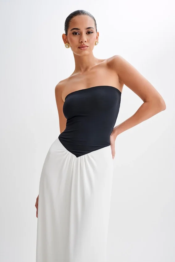 Ruby Strapless Slinky Maxi Dress – Black/White Ruby Strapless Slinky Maxi Dress – Black/White