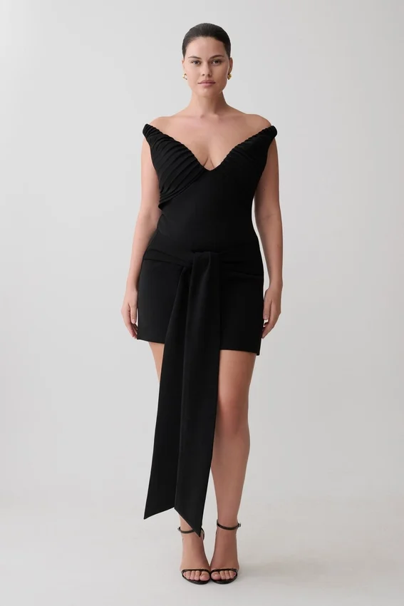 Runa Off Shoulder Mini Dress With Waist Tie – Black Runa Off Shoulder Mini Dress With Waist Tie – Black
