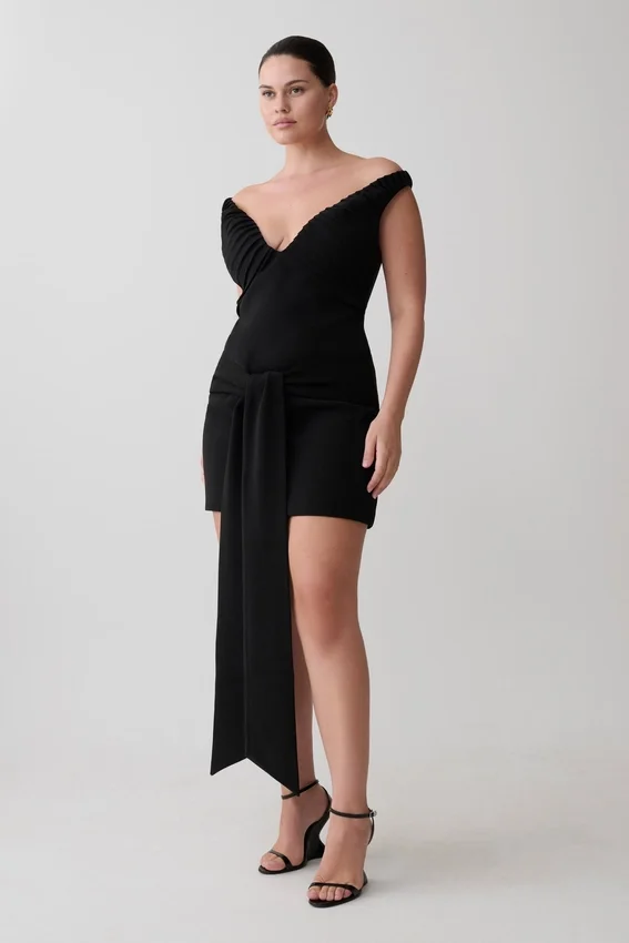Runa Off Shoulder Mini Dress With Waist Tie – Black Runa Off Shoulder Mini Dress With Waist Tie – Black