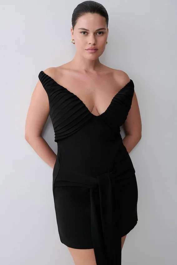 Runa Off Shoulder Mini Dress With Waist Tie – Black Runa Off Shoulder Mini Dress With Waist Tie – Black