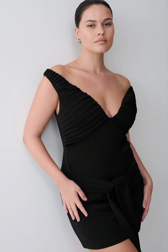 Runa Off Shoulder Mini Dress With Waist Tie – Black Runa Off Shoulder Mini Dress With Waist Tie – Black