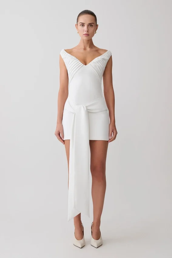 Runa Off Shoulder Mini Dress With Waist Tie – White Runa Off Shoulder Mini Dress With Waist Tie – White