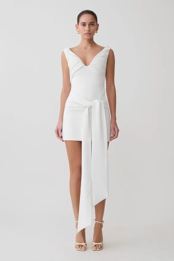 Runa Off Shoulder Mini Dress With Waist Tie – White Runa Off Shoulder Mini Dress With Waist Tie – White