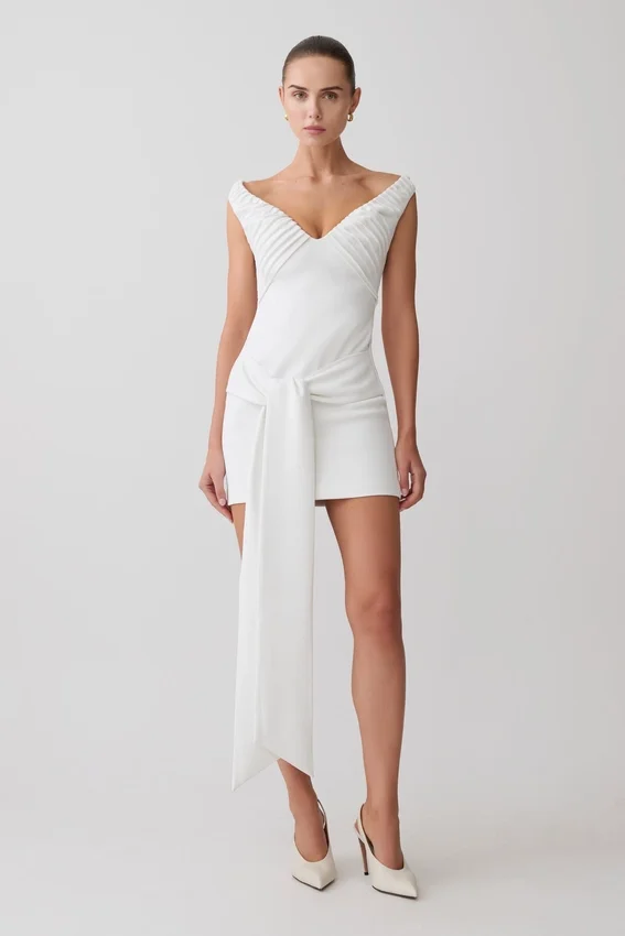 Runa Off Shoulder Mini Dress With Waist Tie – White Runa Off Shoulder Mini Dress With Waist Tie – White
