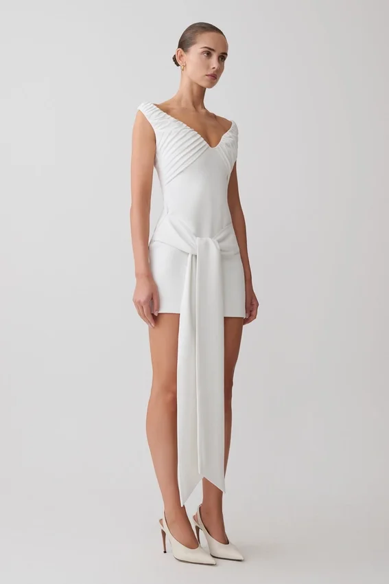 Runa Off Shoulder Mini Dress With Waist Tie – White Runa Off Shoulder Mini Dress With Waist Tie – White