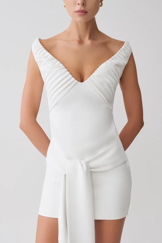 Runa Off Shoulder Mini Dress With Waist Tie – White Runa Off Shoulder Mini Dress With Waist Tie – White