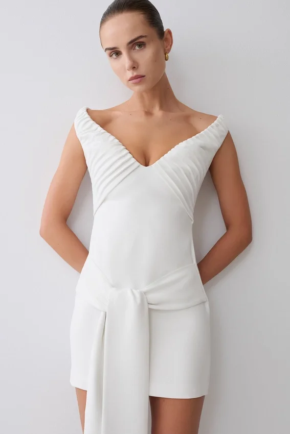Runa Off Shoulder Mini Dress With Waist Tie – White Runa Off Shoulder Mini Dress With Waist Tie – White