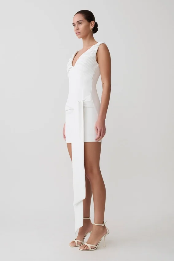 Runa Off Shoulder Mini Dress With Waist Tie – White Runa Off Shoulder Mini Dress With Waist Tie – White
