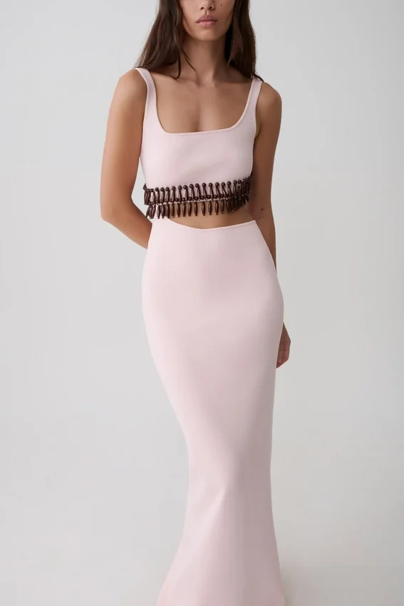 Ruvic Knit Maxi Beaded Dress – Baby Pink Ruvic Knit Maxi Beaded Dress – Baby Pink