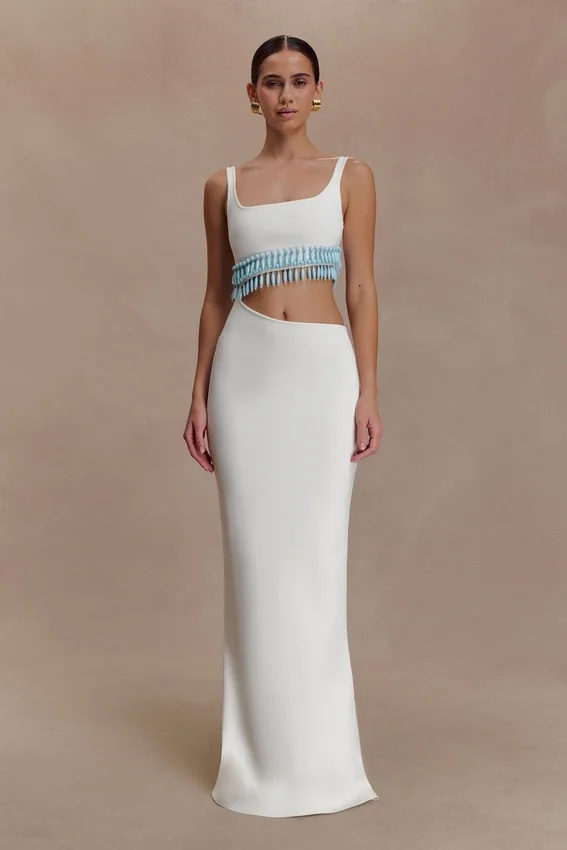 Ruvic Knit Maxi Beaded Dress – White Ruvic Knit Maxi Beaded Dress – White