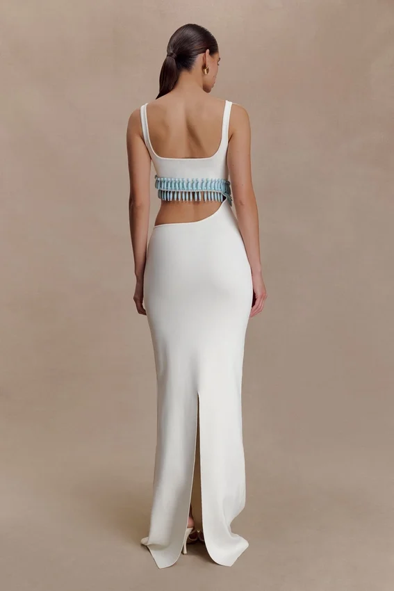 Ruvic Knit Maxi Beaded Dress – White Ruvic Knit Maxi Beaded Dress – White