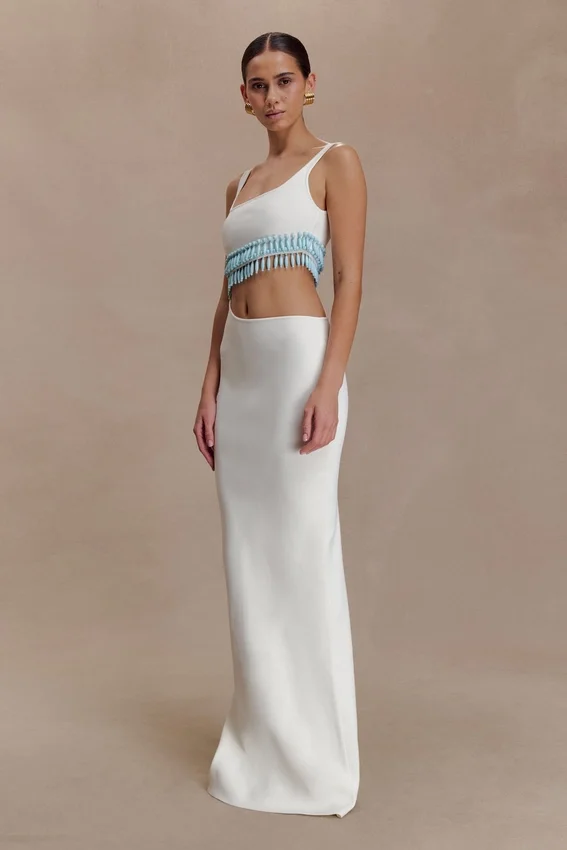 Ruvic Knit Maxi Beaded Dress – White Ruvic Knit Maxi Beaded Dress – White