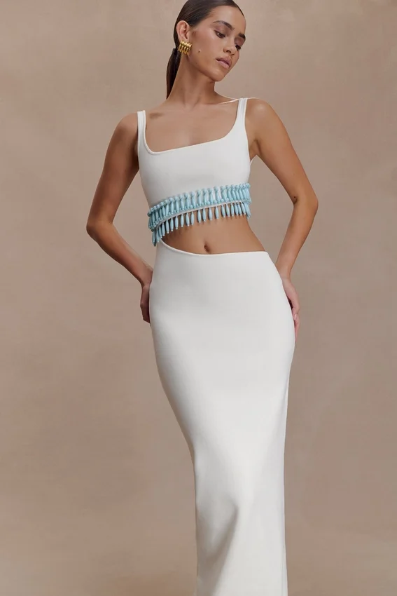 Ruvic Knit Maxi Beaded Dress – White Ruvic Knit Maxi Beaded Dress – White