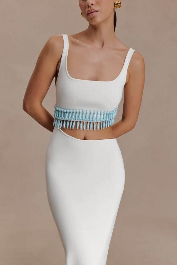 Ruvic Knit Maxi Beaded Dress – White Ruvic Knit Maxi Beaded Dress – White