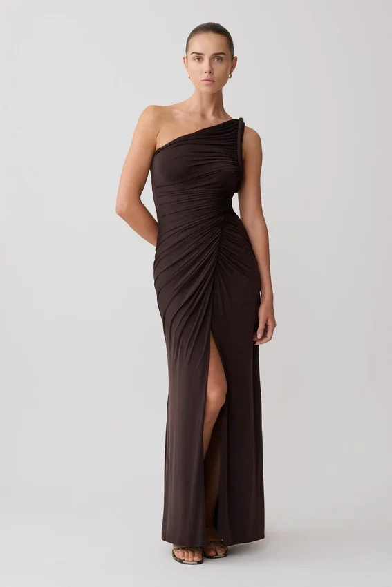 Ryn Twisted One Shoulder Maxi Dress – Dark Chocolate Ryn Twisted One Shoulder Maxi Dress – Dark Chocolate