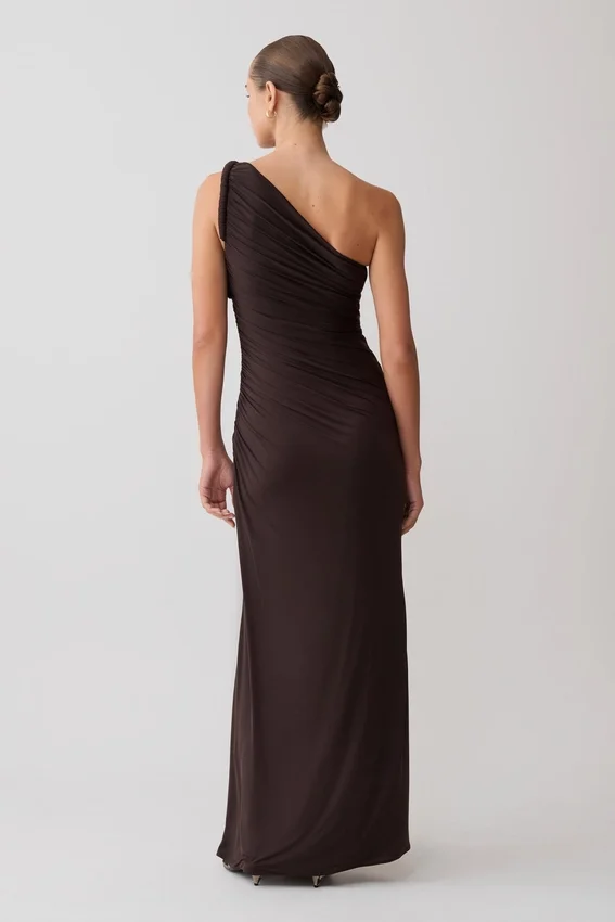 Ryn Twisted One Shoulder Maxi Dress – Dark Chocolate Ryn Twisted One Shoulder Maxi Dress – Dark Chocolate