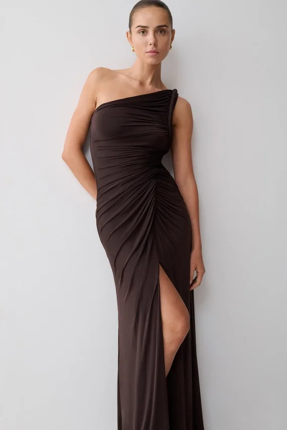 Ryn Twisted One Shoulder Maxi Dress – Dark Chocolate Ryn Twisted One Shoulder Maxi Dress – Dark Chocolate