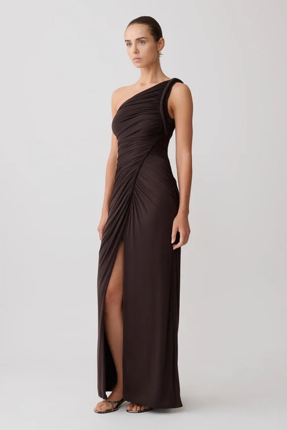 Ryn Twisted One Shoulder Maxi Dress – Dark Chocolate Ryn Twisted One Shoulder Maxi Dress – Dark Chocolate