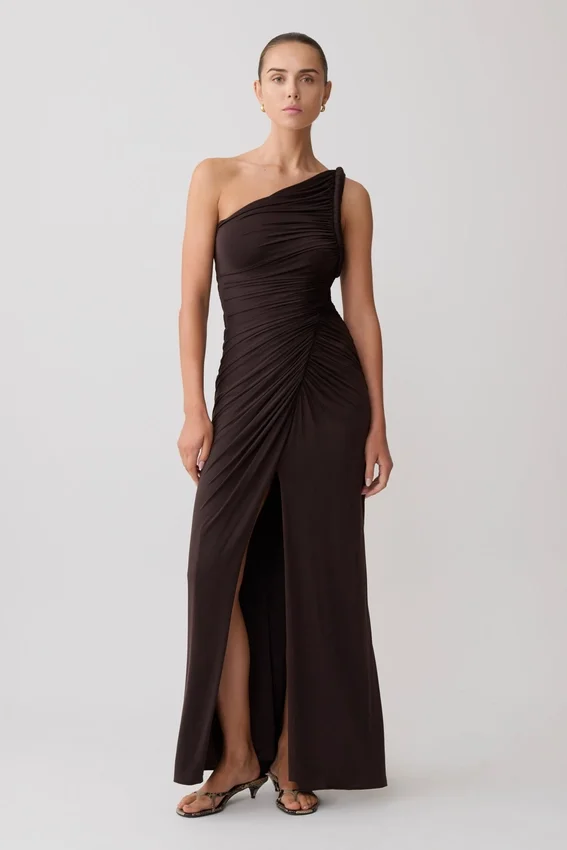Ryn Twisted One Shoulder Maxi Dress – Dark Chocolate Ryn Twisted One Shoulder Maxi Dress – Dark Chocolate