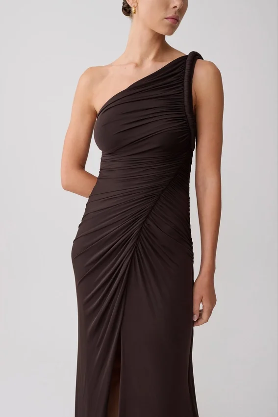 Ryn Twisted One Shoulder Maxi Dress – Dark Chocolate Ryn Twisted One Shoulder Maxi Dress – Dark Chocolate