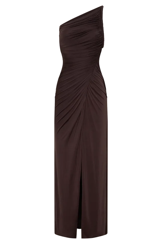 Ryn Twisted One Shoulder Maxi Dress – Dark Chocolate Ryn Twisted One Shoulder Maxi Dress – Dark Chocolate