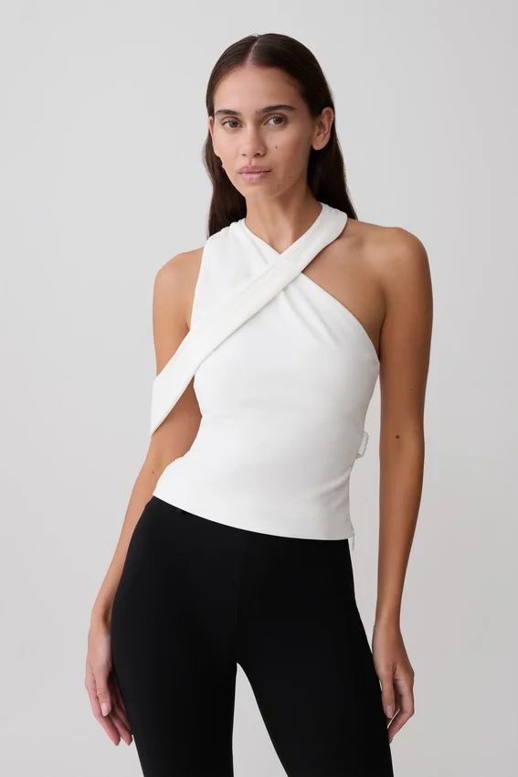Sable Crossover Crepe Halter Top – White Sable Crossover Crepe Halter Top – White