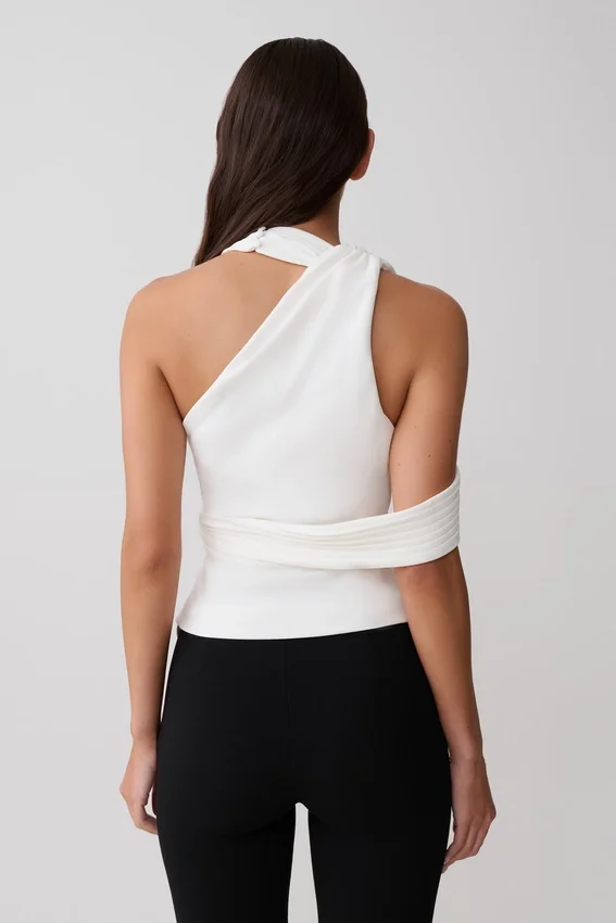 Sable Crossover Crepe Halter Top – White Sable Crossover Crepe Halter Top – White