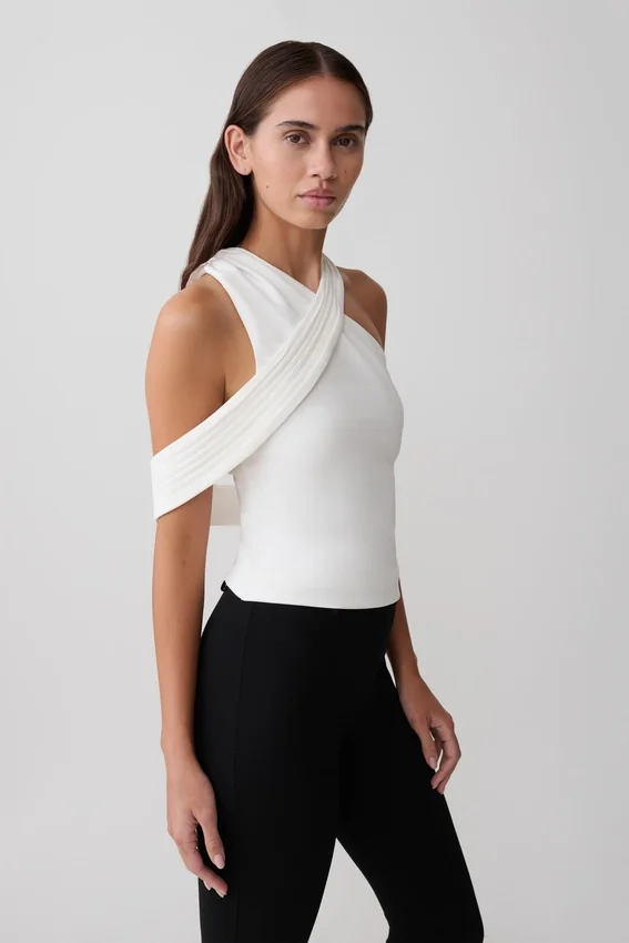 Sable Crossover Crepe Halter Top – White Sable Crossover Crepe Halter Top – White