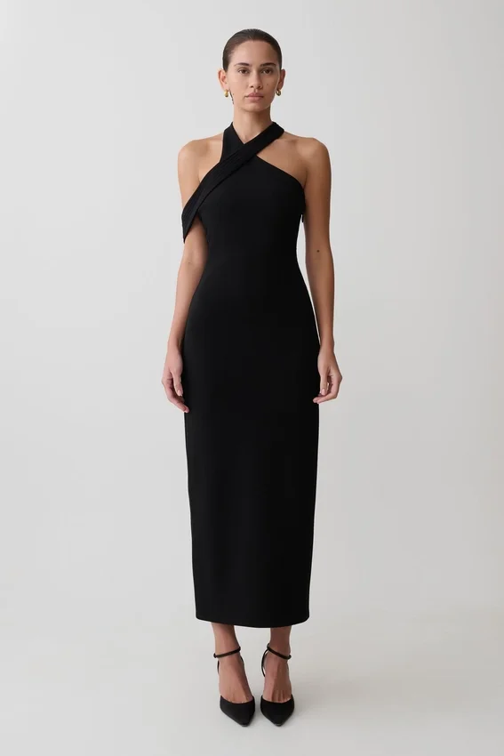 Sable Crossover Crepe Midi Dress – Black Sable Crossover Crepe Midi Dress – Black