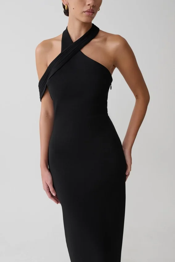 Sable Crossover Crepe Midi Dress – Black Sable Crossover Crepe Midi Dress – Black