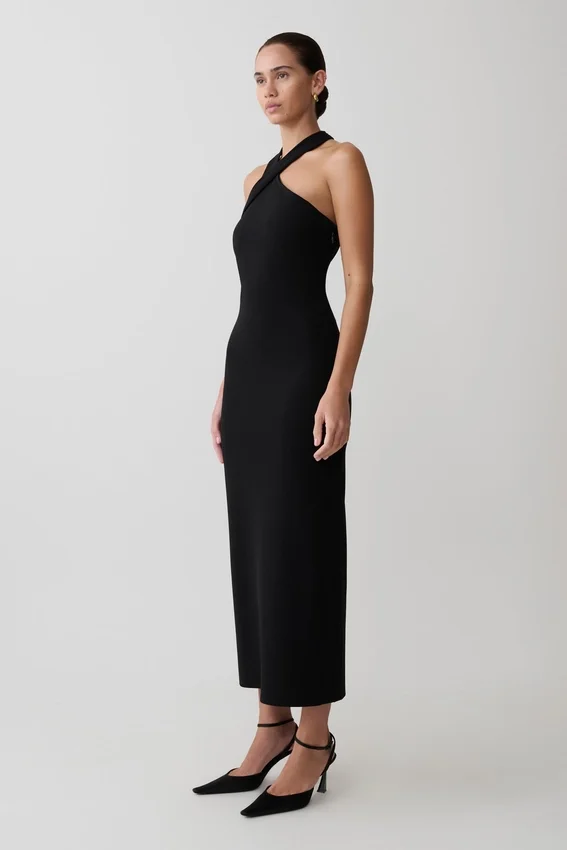 Sable Crossover Crepe Midi Dress – Black Sable Crossover Crepe Midi Dress – Black
