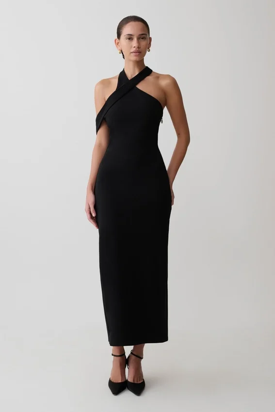 Sable Crossover Crepe Midi Dress – Black Sable Crossover Crepe Midi Dress – Black