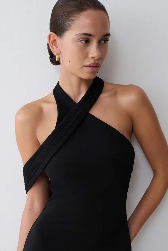 Sable Crossover Crepe Midi Dress – Black Sable Crossover Crepe Midi Dress – Black