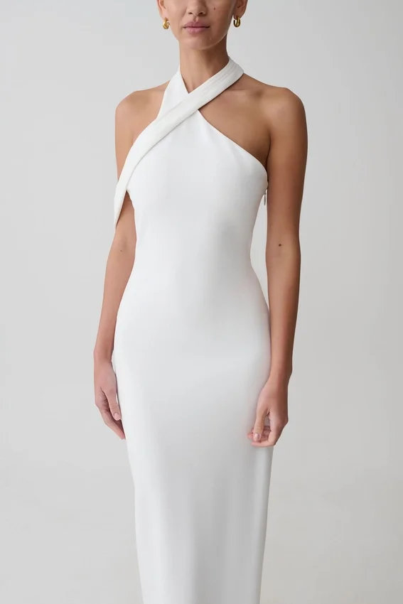 Sable Crossover Crepe Midi Dress – White Sable Crossover Crepe Midi Dress – White