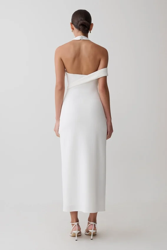 Sable Crossover Crepe Midi Dress – White Sable Crossover Crepe Midi Dress – White
