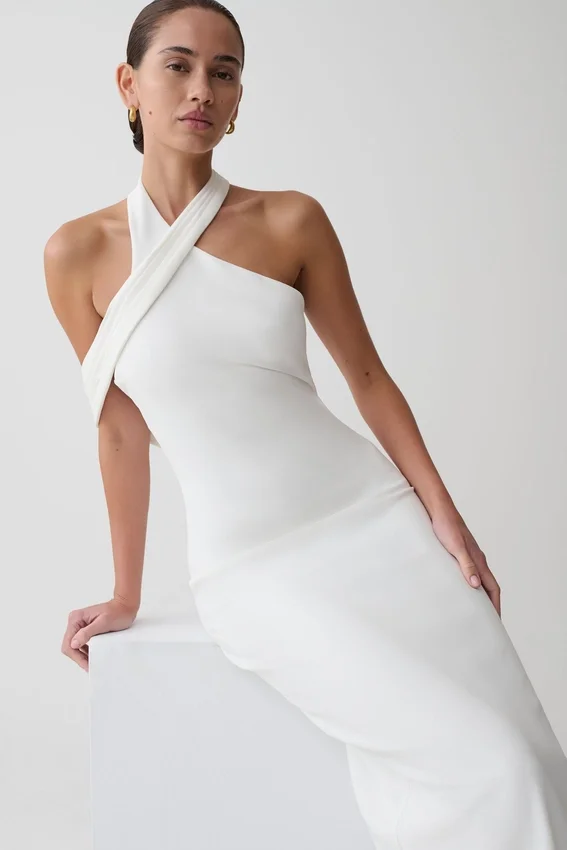 Sable Crossover Crepe Midi Dress – White Sable Crossover Crepe Midi Dress – White
