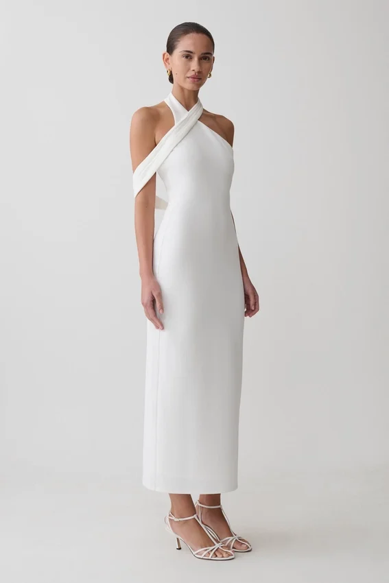 Sable Crossover Crepe Midi Dress – White Sable Crossover Crepe Midi Dress – White