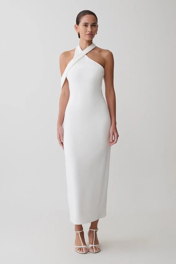 Sable Crossover Crepe Midi Dress – White Sable Crossover Crepe Midi Dress – White