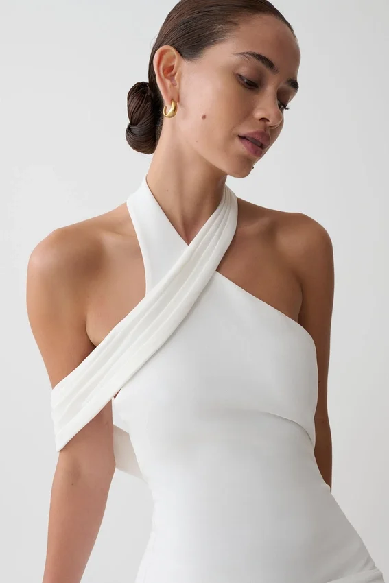 Sable Crossover Crepe Midi Dress – White Sable Crossover Crepe Midi Dress – White