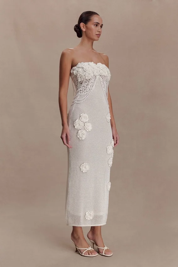 Samantha Crochet Midi Dress With Flowers – Ivory Samantha Crochet Midi Dress With Flowers – Ivory