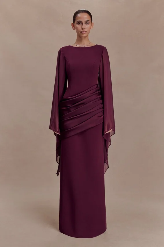 Samantha Waterfall Sleeves Maxi Dress – Wine Samantha Waterfall Sleeves Maxi Dress – Wine