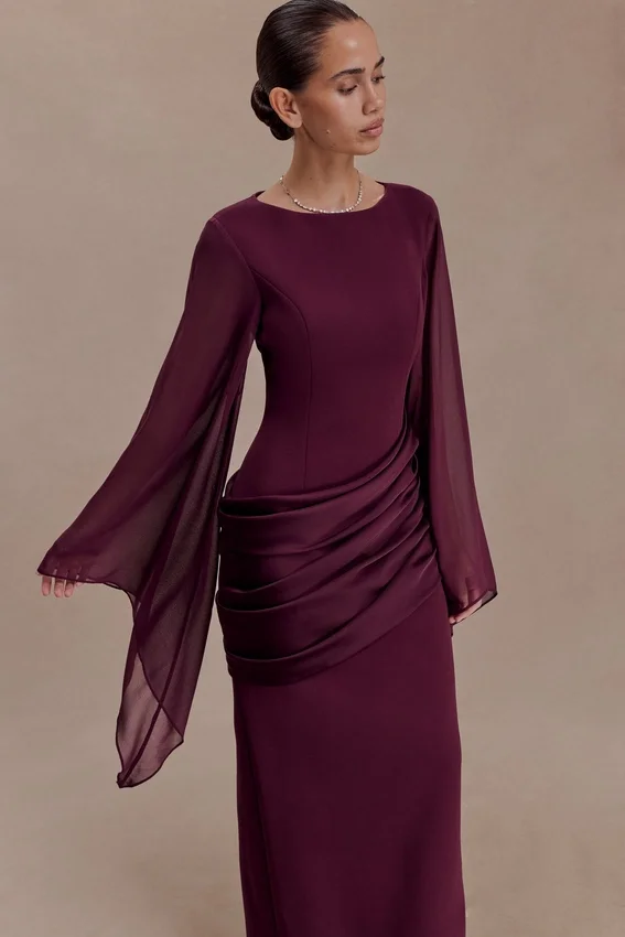 Samantha Waterfall Sleeves Maxi Dress – Wine Samantha Waterfall Sleeves Maxi Dress – Wine