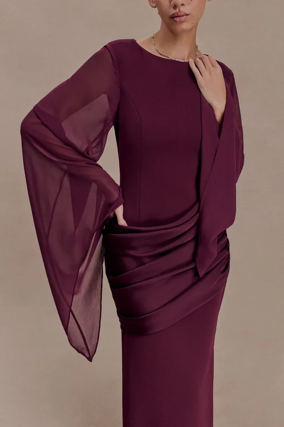 Samantha Waterfall Sleeves Maxi Dress – Wine Samantha Waterfall Sleeves Maxi Dress – Wine