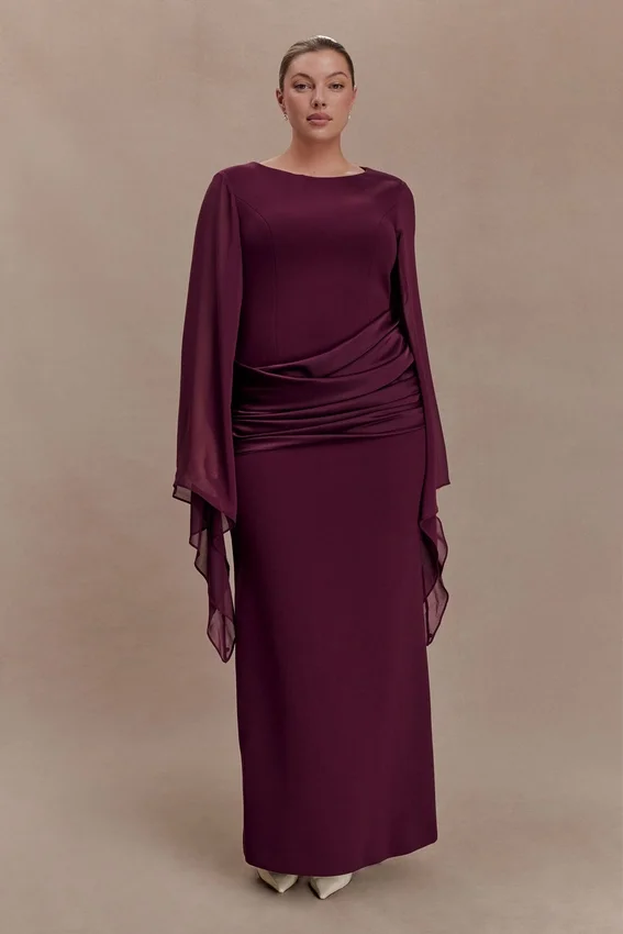 Samantha Waterfall Sleeves Maxi Dress – Wine Samantha Waterfall Sleeves Maxi Dress – Wine